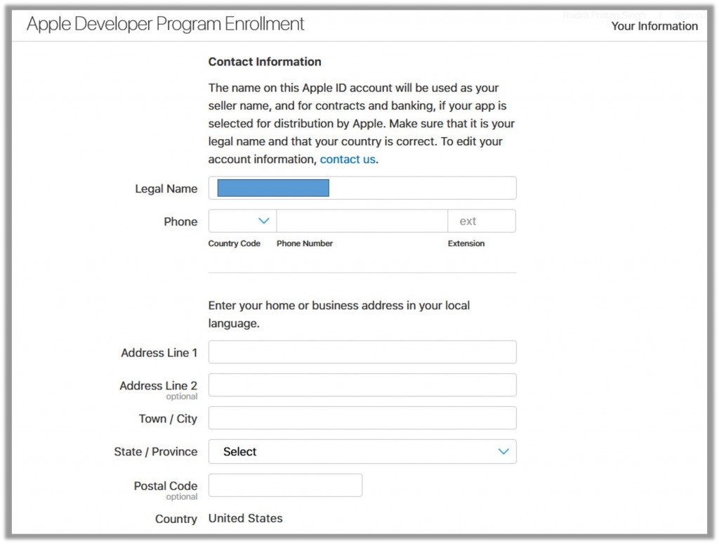 Apple developer account enrollment form