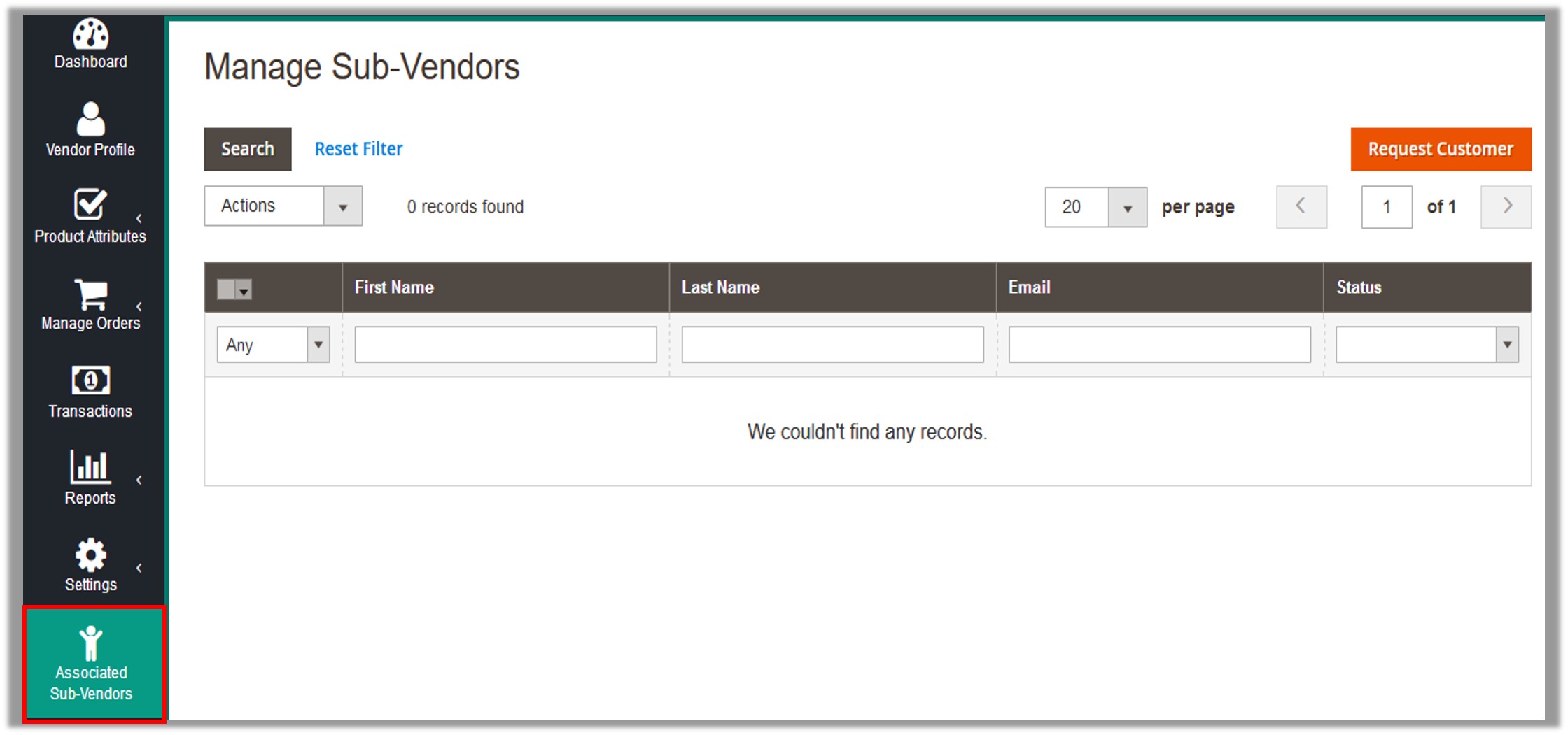 Manage Sub-Vendors Page