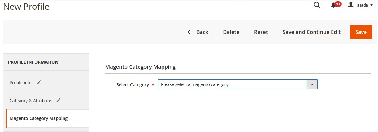LazadaM2Integration_NewProfile_MagentoCategoryMapping