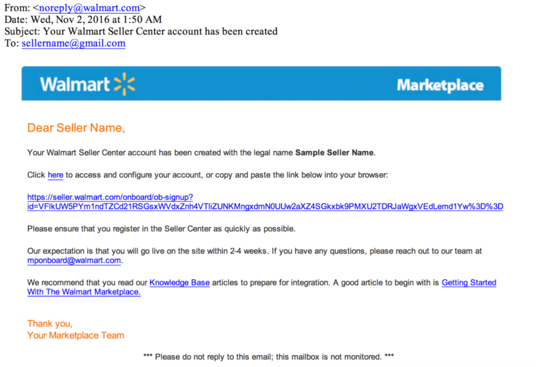 Walmart seller acceptance email