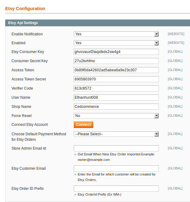 Etsy API settings