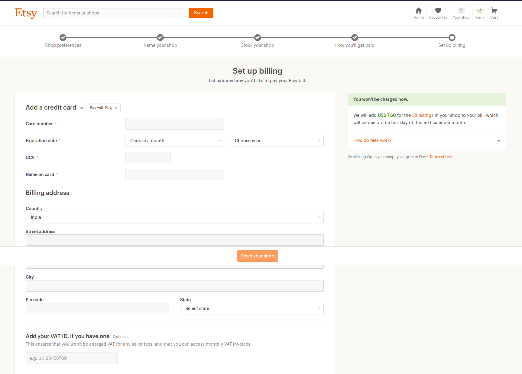 etsy set up billing