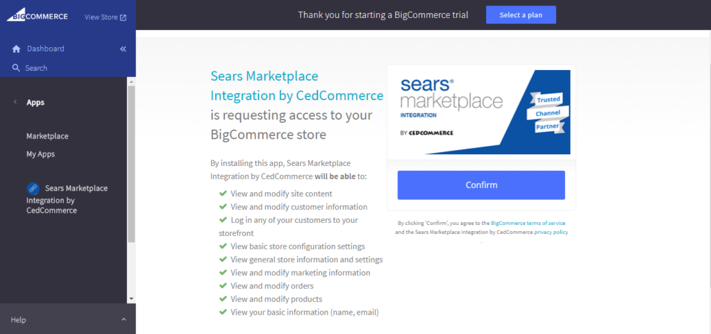 Sears BigCommerce App Confirmation