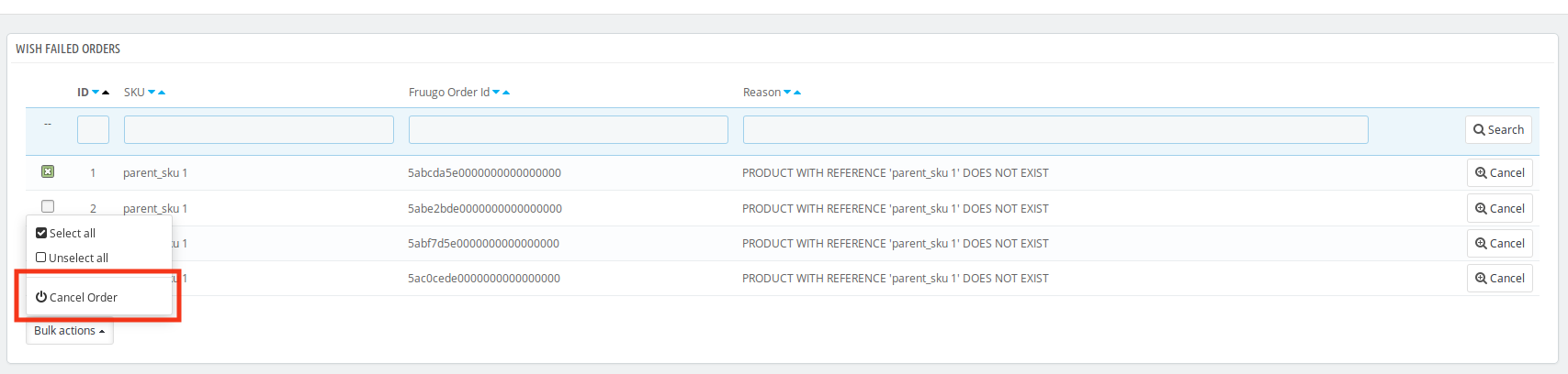 cancelling wish prestashop failed orders