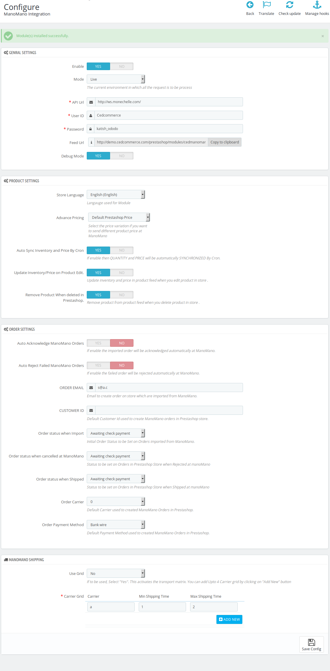 manomano prestashop integration configuration