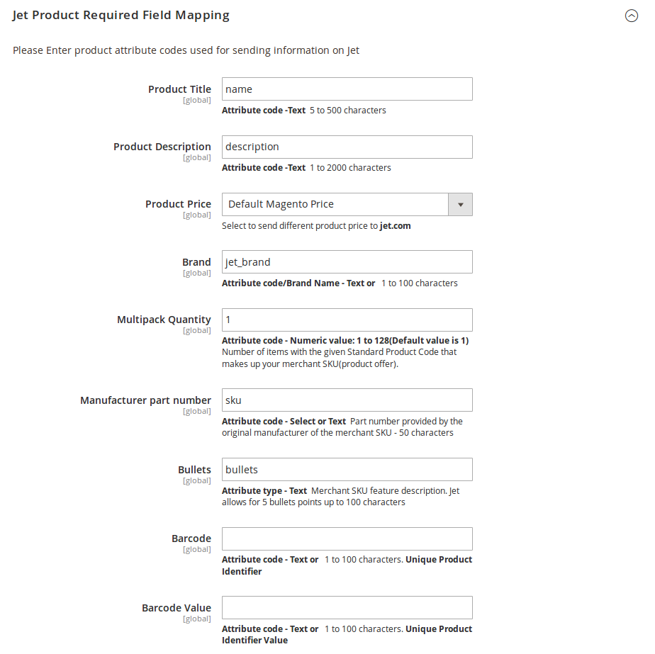 jet product required field mapping