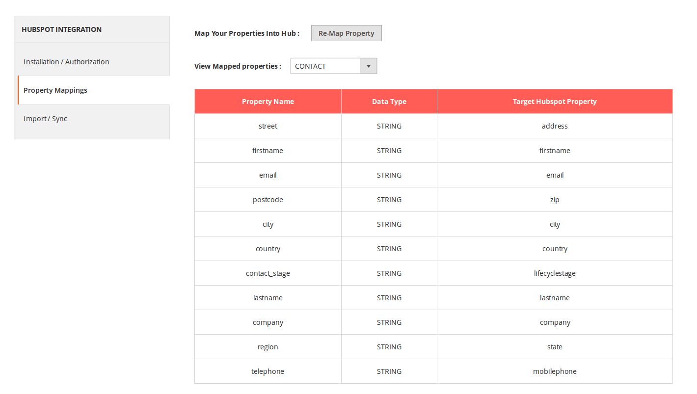hubspot magento 2 contact properties mapping