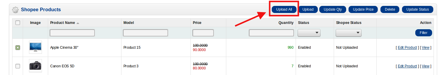 shopee opencart upload all products