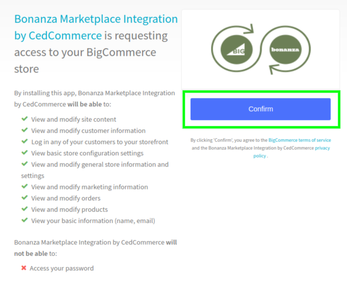 Bonanza Bigcommerce app install confirmation