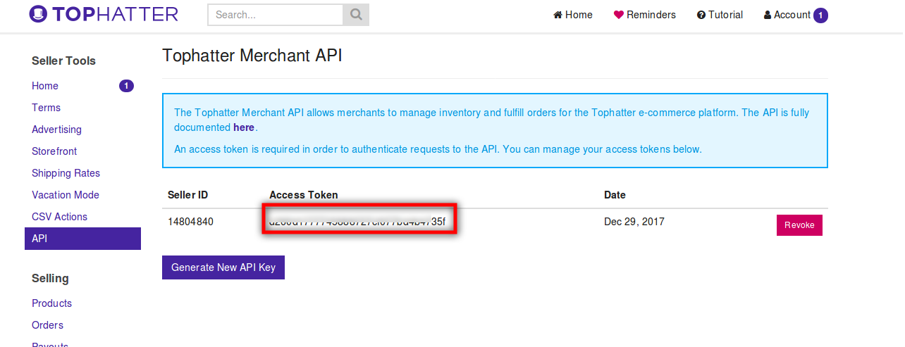 retrieve api from tophatter seller account