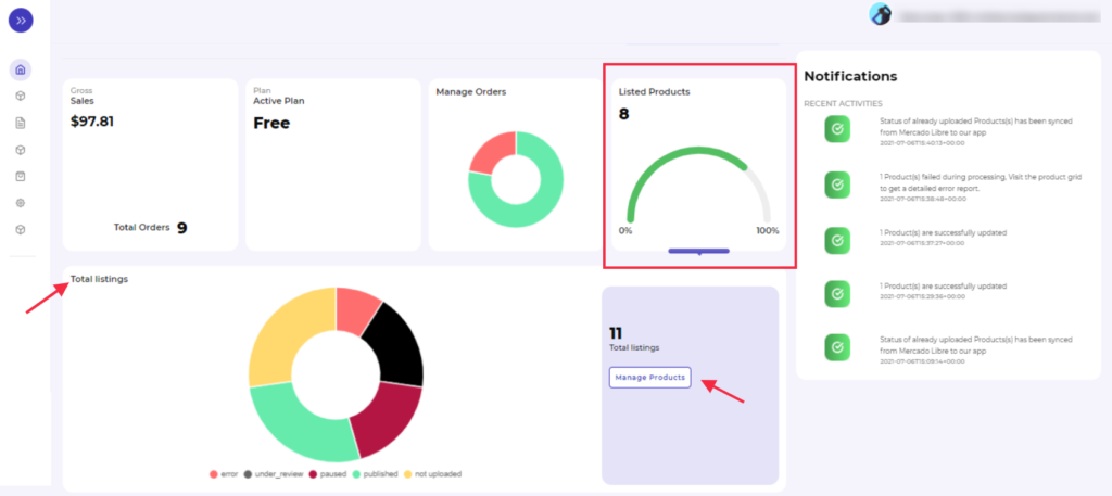 mercado libre integration listed products