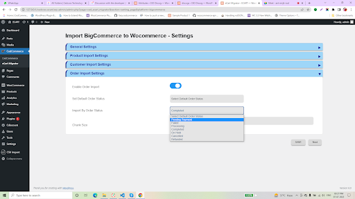 ‘Import order status’ is to select and import orders at a specific stage on the BigCommerce platform. ‘Chunk size’ is the lot size that you prefer for your order imports. 