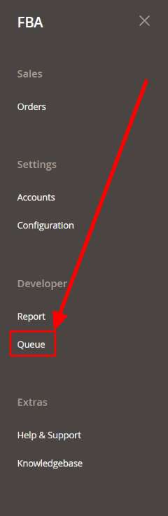 Queue menu FBA magento panel